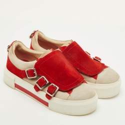 Pre Owned Alexander McQueen Size 37 Red/Grey Suede Buckle Detail Slip On Sneakers
