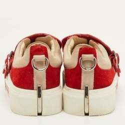Pre Owned Alexander McQueen Size 37 Red/Grey Suede Buckle Detail Slip On Sneakers