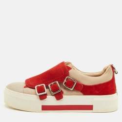 Pre Owned Alexander McQueen Size 37 Red/Grey Suede Buckle Detail Slip On Sneakers