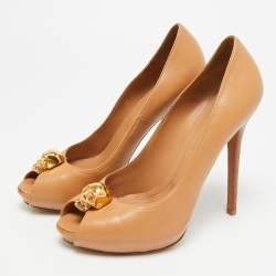 Pre Owned Alexander McQueen Skull Size 40 Brown Leather Peep Toe Platform Pumps