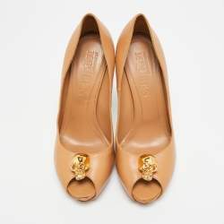 Pre Owned Alexander McQueen Skull Size 40 Brown Leather Peep Toe Platform Pumps