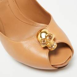 Pre Owned Alexander McQueen Skull Size 40 Brown Leather Peep Toe Platform Pumps