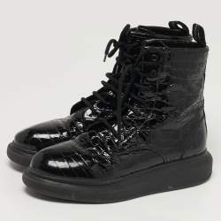 Pre Owned Alexander McQueen Oversized Size 41 Black Croc Embossed Patent Leather High Top Sneakers