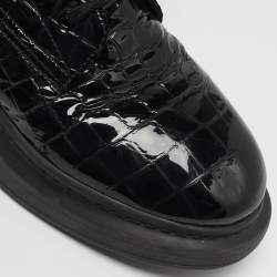 Pre Owned Alexander McQueen Oversized Size 41 Black Croc Embossed Patent Leather High Top Sneakers