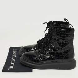 Pre Owned Alexander McQueen Oversized Size 41 Black Croc Embossed Patent Leather High Top Sneakers