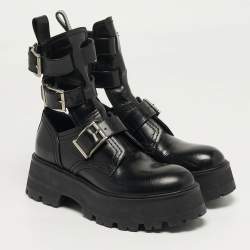 Pre Owned Alexander McQueen Size 37.5 Black Leather Ankle Length Boots
