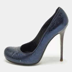 مملوكة مسبقًا Alexander McQueen Size 38.5 Metallic Blue Foil Leather Round Pumps