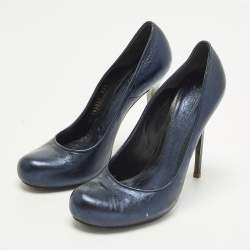 Pre Owned Alexander McQueen Size 38.5 Metallic Blue Foil Leather Round Pumps