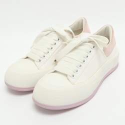 Pre Owned Alexander McQueen Deck Plimsoll Size 37 White/Beige Canvas and Suede Lace Up Sneakers 