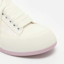 Pre Owned Alexander McQueen Deck Plimsoll Size 37 White/Beige Canvas and Suede Lace Up Sneakers 