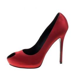 Pre Owned Alexander McQueen Red Satin Heart Peep Toe Pumps Size 41