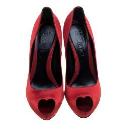 Pre Owned Alexander McQueen Red Satin Heart Peep Toe Pumps Size 41