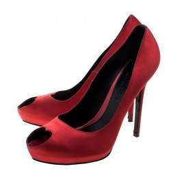 Pre Owned Alexander McQueen Red Satin Heart Peep Toe Pumps Size 41