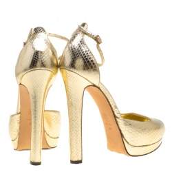Alexander McQueen Metallic Embossed Python Leather Peep Toe Ankle Strap Platform Sandals Size 40