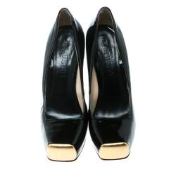 Pre Owned Alexander McQueen Black Patent Leather Square Toe Platform Pumps Size 37.5