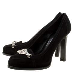 Pre Owned Alexander McQueen Black Suede Skull Detail Loafer Pumps Size 37