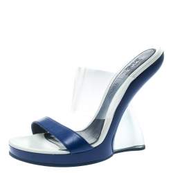 Pre Owned Alexander McQueen Blue Leather and PVC Bold Plexi Heel Open Toe Wedge Sandals Size 40