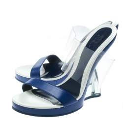 Pre Owned Alexander McQueen Blue Leather and PVC Bold Plexi Heel Open Toe Wedge Sandals Size 40