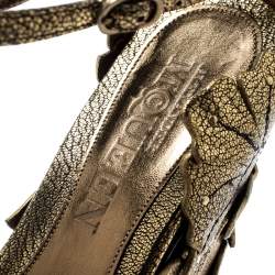 Pre Owned Alexander McQueen Metallic Gold Leather 3D Flower T-Strap Wedge Sandals Size 40