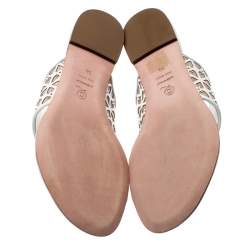 Pre Owned Alexander McQueen White/Beige Laser Cut Leather And Suede Toe Ring Flat Sandals Size 38