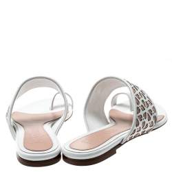 Pre Owned Alexander McQueen White/Beige Laser Cut Leather And Suede Toe Ring Flat Sandals Size 38