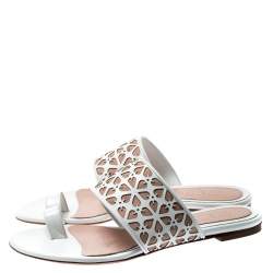 Pre Owned Alexander McQueen White/Beige Laser Cut Leather And Suede Toe Ring Flat Sandals Size 38