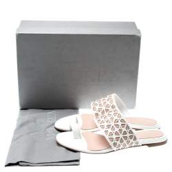 Pre Owned Alexander McQueen White/Beige Laser Cut Leather And Suede Toe Ring Flat Sandals Size 38