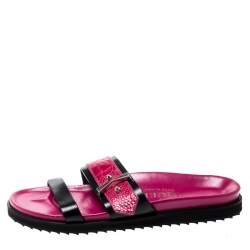 Pre Owned Alexander McQueen Pink/Black Ostrich Leg And Leather Flat Sandals Size 40