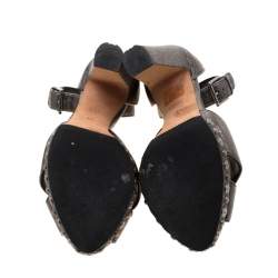 Pre Owned Alexander McQueen Metallic Gunmetal Leather Crystal Embellished Skull Ankle Strap Platform Sandals Size 40