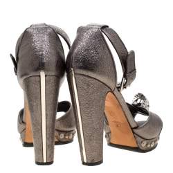 Pre Owned Alexander McQueen Metallic Gunmetal Leather Crystal Embellished Skull Ankle Strap Platform Sandals Size 40