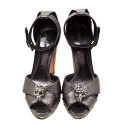 Pre Owned Alexander McQueen Metallic Gunmetal Leather Crystal Embellished Skull Ankle Strap Platform Sandals Size 40