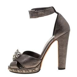 Pre Owned Alexander McQueen Metallic Gunmetal Leather Crystal Embellished Skull Ankle Strap Platform Sandals Size 40