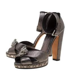 Pre Owned Alexander McQueen Metallic Gunmetal Leather Crystal Embellished Skull Ankle Strap Platform Sandals Size 40