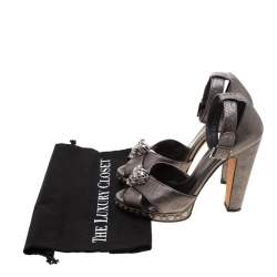 Pre Owned Alexander McQueen Metallic Gunmetal Leather Crystal Embellished Skull Ankle Strap Platform Sandals Size 40