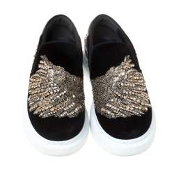 Pre Owned Alexander McQueen Black Crystal Embellished Velvet Slip On Platform Sneakers Size 37.5
