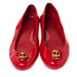 Pre Owned Alexander McQueen Red Leather Skull City Ballet Flats Size 40