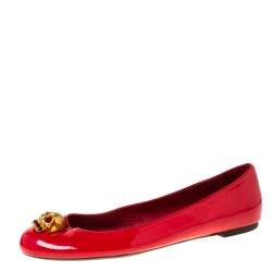 Pre Owned Alexander McQueen Red Leather Skull City Ballet Flats Size 40