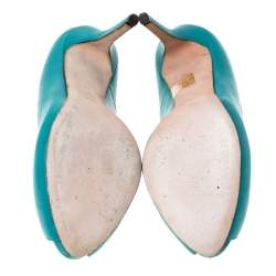 Pre Owned Alexander McQueen Teal Leather Skull Peep Toe Pumps Size 38