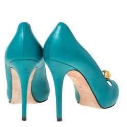 Pre Owned Alexander McQueen Teal Leather Skull Peep Toe Pumps Size 38