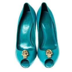 Pre Owned Alexander McQueen Teal Leather Skull Peep Toe Pumps Size 38