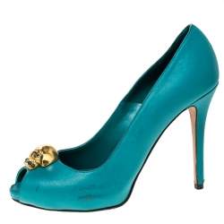 Pre Owned Alexander McQueen Teal Leather Skull Peep Toe Pumps Size 38