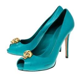 Pre Owned Alexander McQueen Teal Leather Skull Peep Toe Pumps Size 38