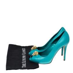 Pre Owned Alexander McQueen Teal Leather Skull Peep Toe Pumps Size 38