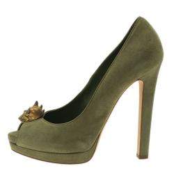 Pre Owned Alexander McQueen Olive Suede Punk Skull Peep Toe Pumps Size 39