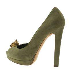 Pre Owned Alexander McQueen Olive Suede Punk Skull Peep Toe Pumps Size 39