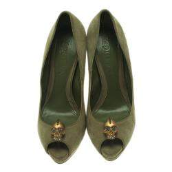 Pre Owned Alexander McQueen Olive Suede Punk Skull Peep Toe Pumps Size 39