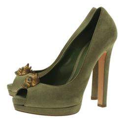 Pre Owned Alexander McQueen Olive Suede Punk Skull Peep Toe Pumps Size 39