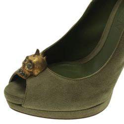 Pre Owned Alexander McQueen Olive Suede Punk Skull Peep Toe Pumps Size 39