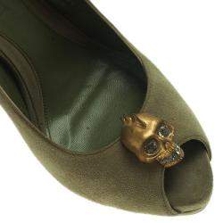 Pre Owned Alexander McQueen Olive Suede Punk Skull Peep Toe Pumps Size 39