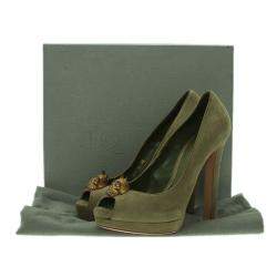 Pre Owned Alexander McQueen Olive Suede Punk Skull Peep Toe Pumps Size 39